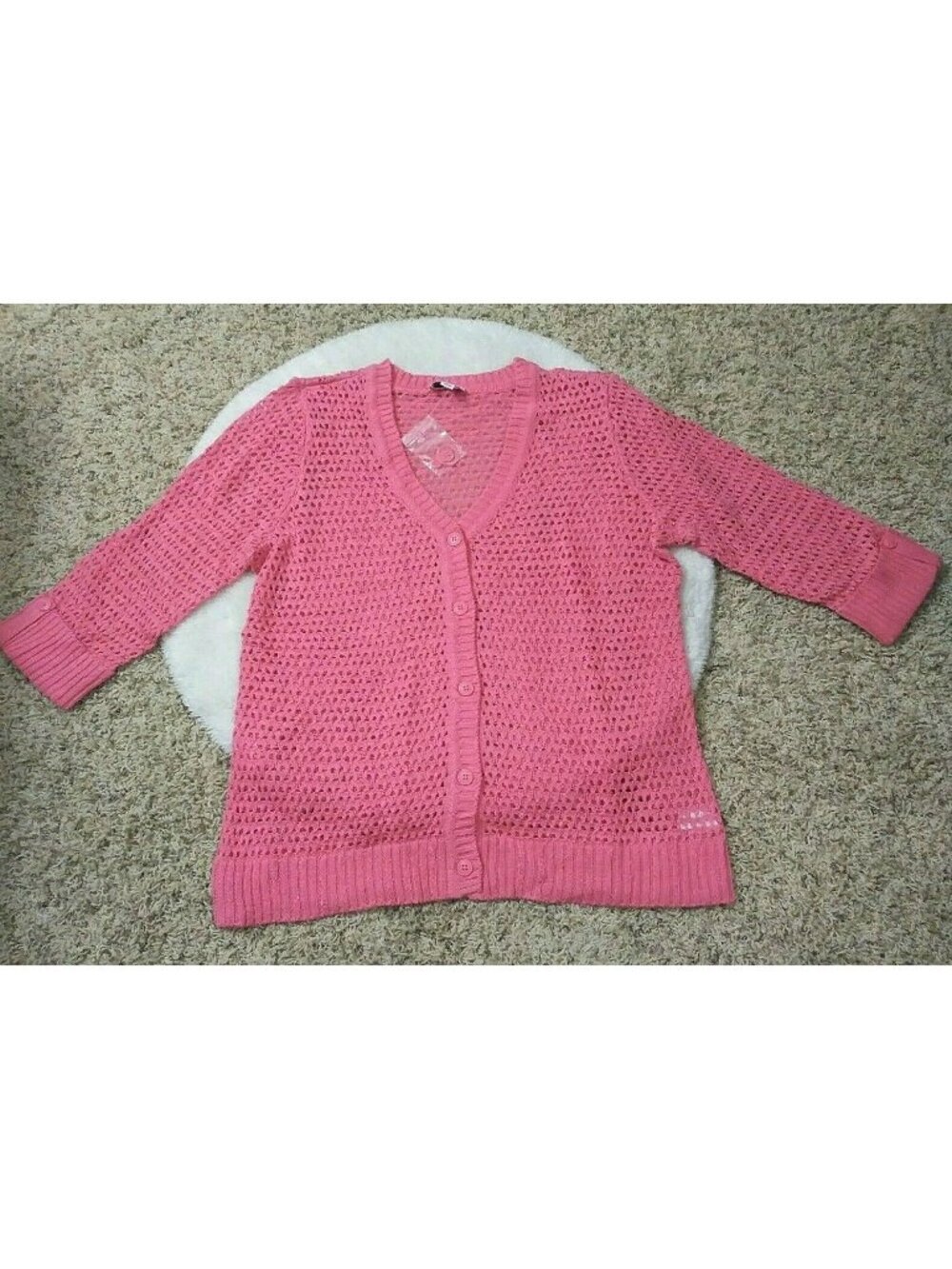 D&Co Womens Pink Sweater Open Knit Button Up V-Neck 3/4 Sleeve NEW Large L